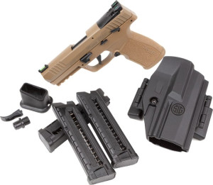 The Sig Sauer P322 is a reliable rimfire pistol for target shooting and fun at the range. The SIG line of pistols present a long-standing tradition of excellence in ergonomics, reliability, safety and performance; all backed by extensive warranties and legendary customer service. The Sig P322 was completely designed and built loaded with premium features, including an optic-ready removable rear sight plate so you can easily add a ROMEOZero red dot optic without the use of adapter plates. The P322 comes with a threaded barrel adapter making it suppressor ready, ambidextrous controls with reversible mag catch, interchangeable flat and curved triggers, fiber optic front and rear sights. Includes three 20rd magazines, holster, threaded barrel adapter, and interchangable trigger shoes. SIG SAUER P322 TACPAC SPECIFICATIONS Brand: Sig Sauer Model: P322 Category: Rimfire Pistols Caliber: 22 LR Capacity: 20+1 Action: SAO Frame Finish: Coyote Tan OAL; 7" Hand: Ambidextrous Slide Finish: Coyote Cerakote Slide Material: Alloy Steel Slide Description: Optic Ready / Serrated Barrel Finish: Black Barrel Material: Steel Frame Size: Full Size Grips: Coyote Polymer Grip Module Sight Configuration: Fiber Optic Front / Adj Rear Height: 5.50" Includes: 3 Magazines / Holster Width: 1.40" Barrel Description: Steel w / Threaded Barrel Adapter Barrel Length: 4" Trigger: Curved / Flat Weight: 17.10 oz Frame Description: Steel Frame w / Picatinny Rail